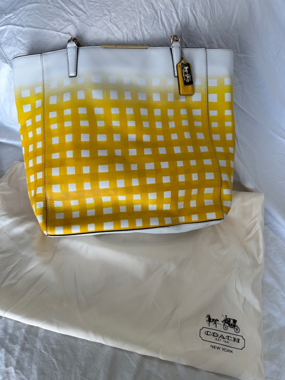 Coach Yellow and White Gingham Leather Tote